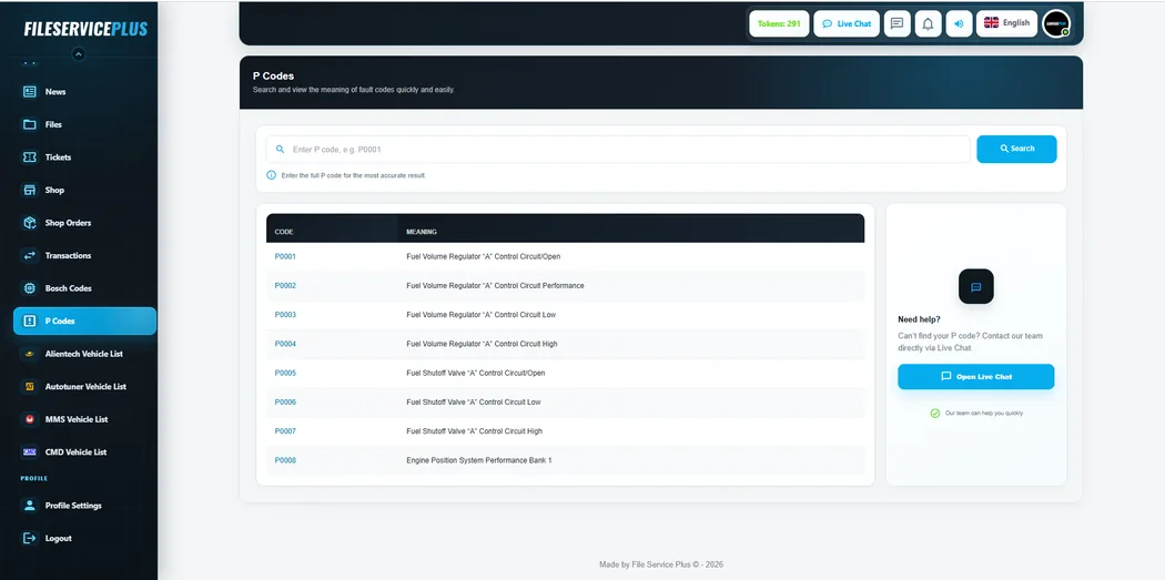 P Codes lookup inside File Service Plus